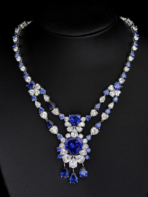 Blue [P 0623] 925 Sterling Silver High Carbon Diamond Blue Geometric Luxury Multi Strand Necklace